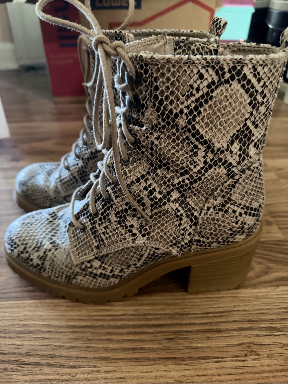 Kohl's Snake-Print Lace-Up Ankle Boots in Taupe and Black